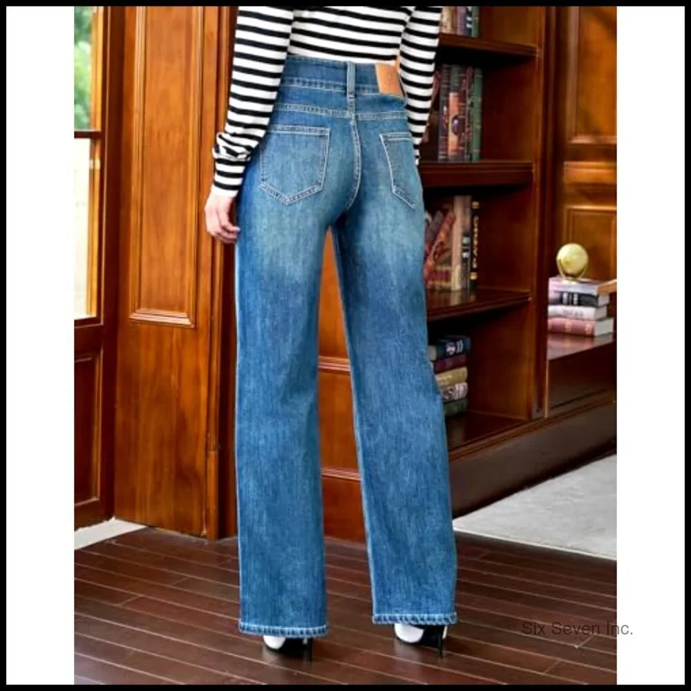 High Waisted Wide Leg Jeans Stretchy Tummy Control Relaxed Fit Trendy Denim